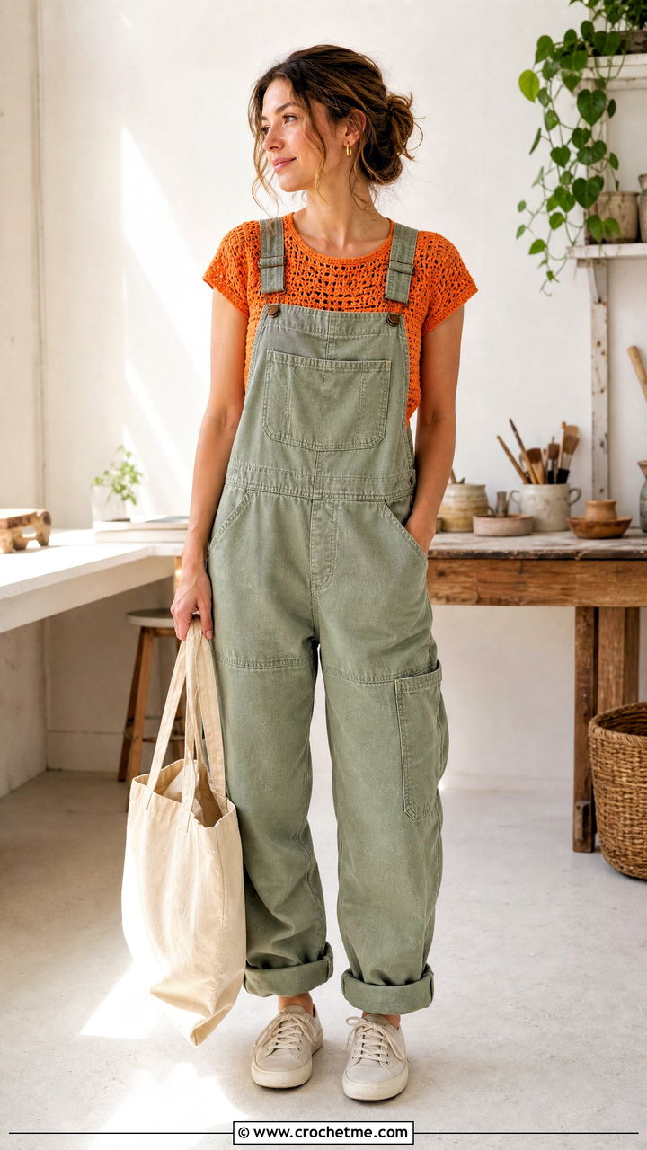 Cap Sleeve Crochet Top With Utility Overalls - 35 beginner crochet tops outfit ideas