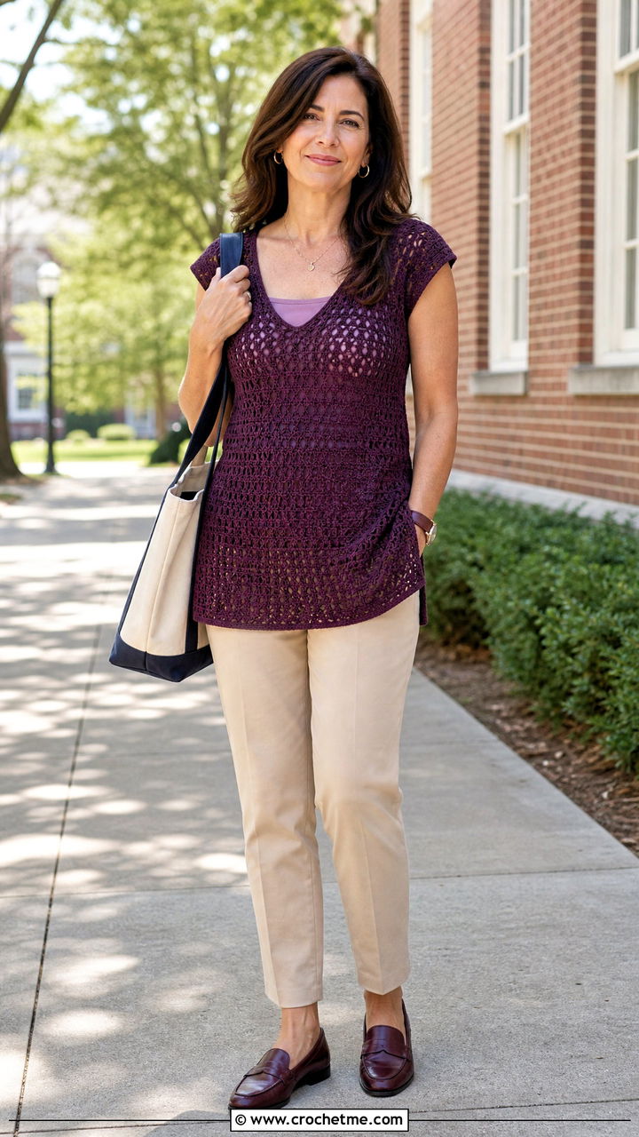 Cap Sleeve Crochet Tunic With Chino Pants - 35 crochet tunic outfit ideas