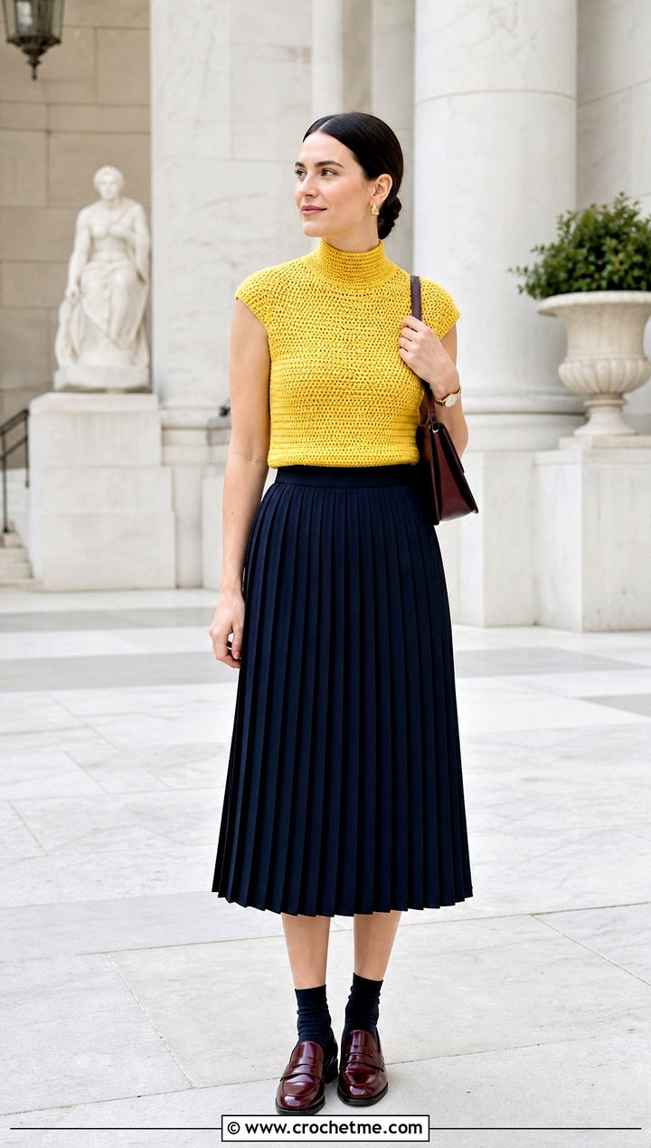 Cap Sleeve Crochet Turtleneck Top With Pleated Midi Skirt - 30 crochet turtleneck top outfit ideas