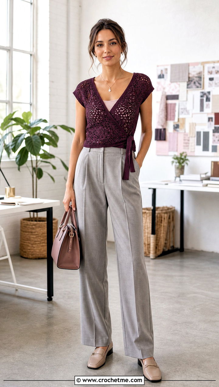 Cap Sleeve Crochet Wrap Shirt With Pleated Trousers - 30 crochet wrap shirt outfit ideas