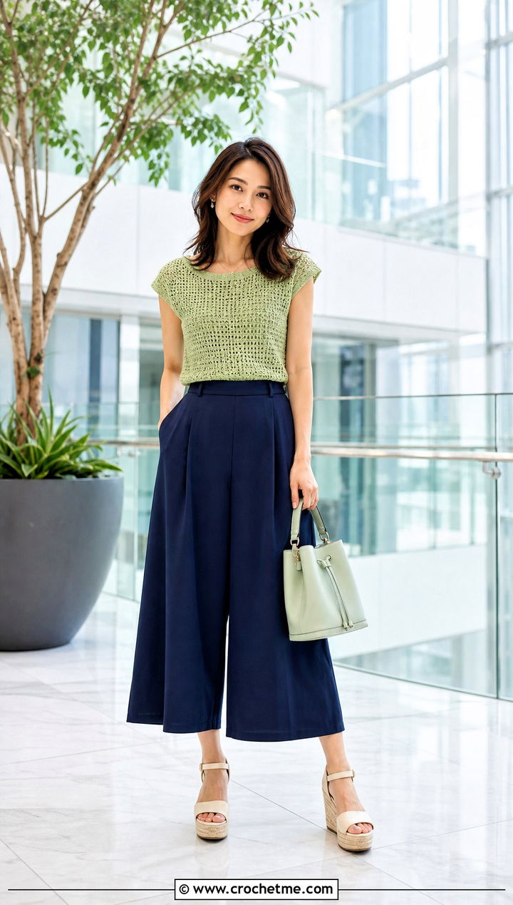Cap Sleeve Crocheted Shirt With Culottes - 35 Crocheted Shirt outfit ideas