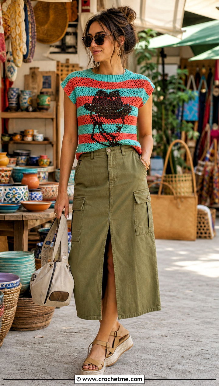Cap Sleeve Freddy Krueger Sweater With Utility Midi Skirt - 30 crochet freddy krueger sweater outfit ideas