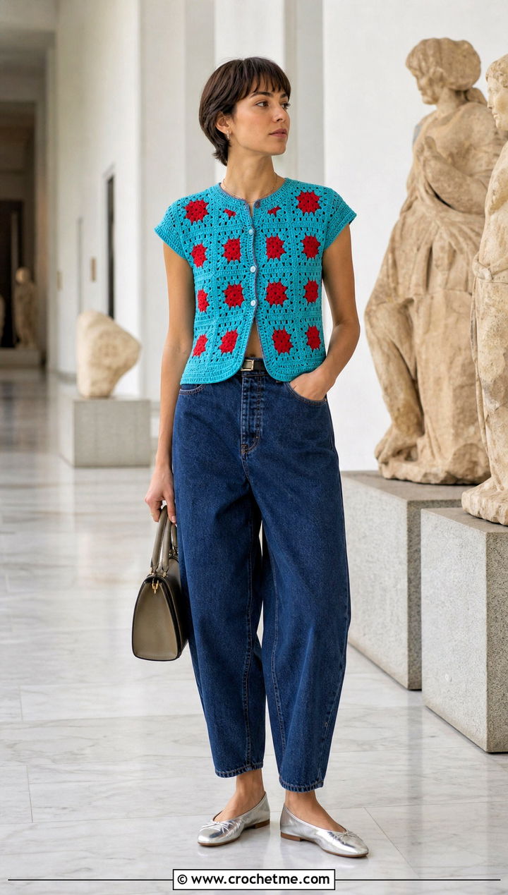 Cap Sleeve Granny Square Cardigan With Barrel Jeans - 30 cardigan with granny square outfit ideas