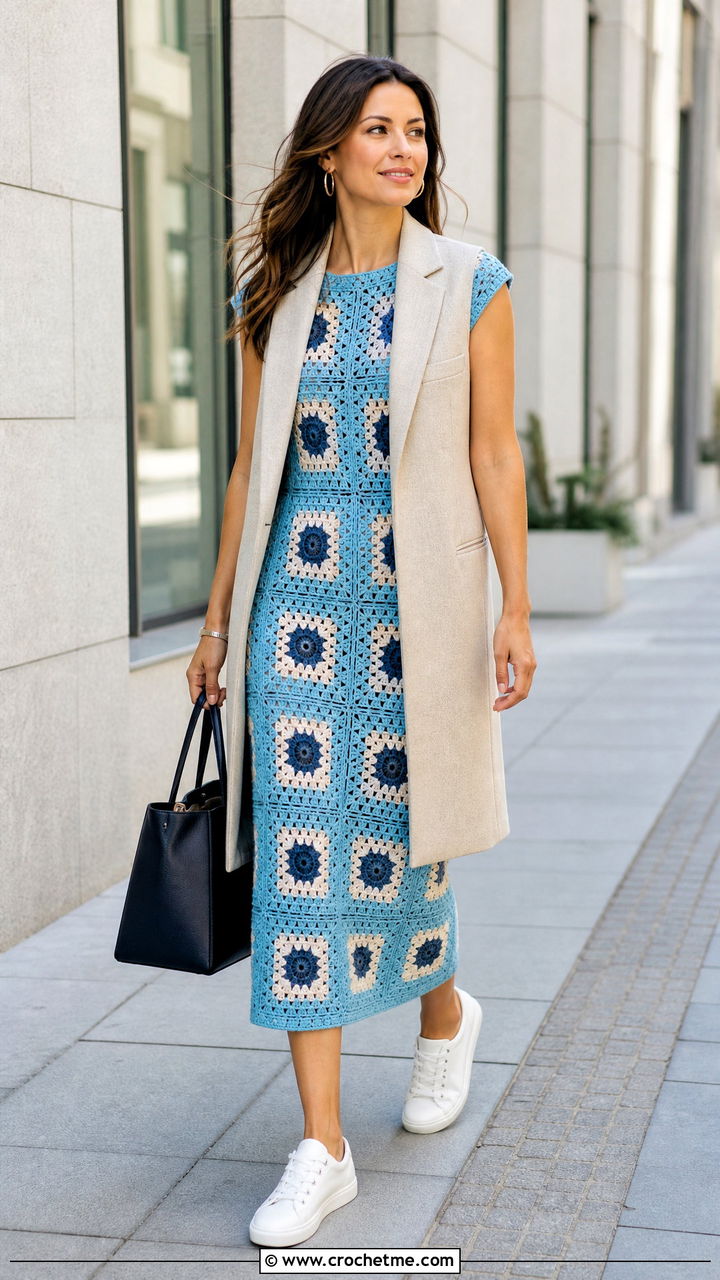 Cap Sleeve Granny Square Dress With Tailored Vest And Sneakers - 35 granny square dress outfit ideas