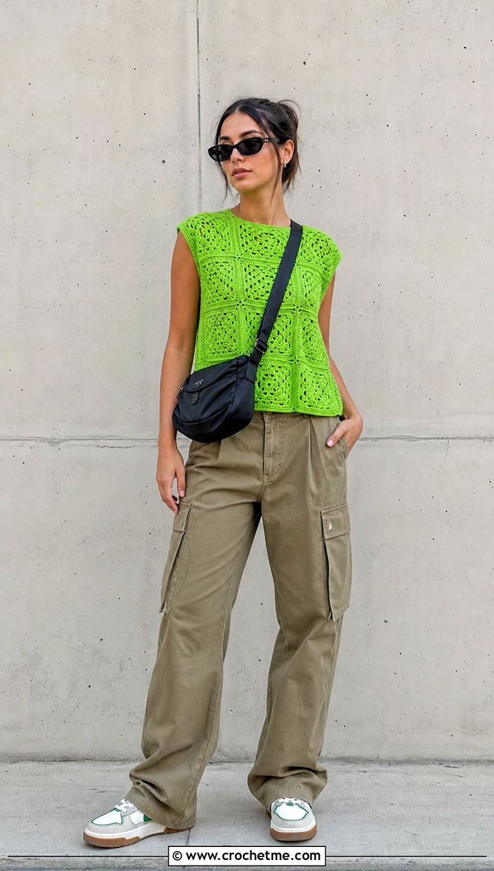 Cap Sleeve Granny Square Tee With Cargo Pants - 20 Crochet Granny Square Tops For Women outfit ideas