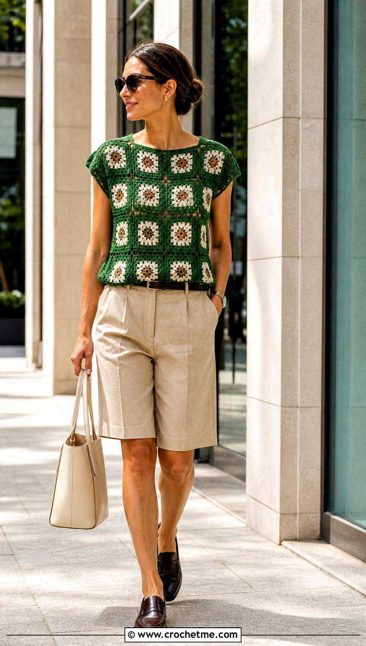 Cap Sleeve Granny Square Top With Bermuda Shorts - 30 crochet granny square summer top outfit ideas