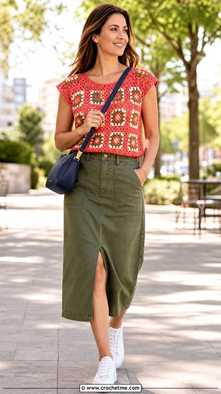 Cap Sleeve Granny Square Top With Utility Skirt - 35 granny square tops outfit ideas