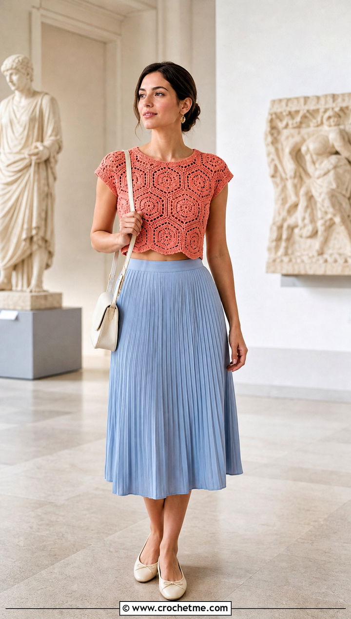 Cap Sleeve Hexagon Crop Top With Pleated Skirt - 25 crochet hexagon crop top outfit ideas