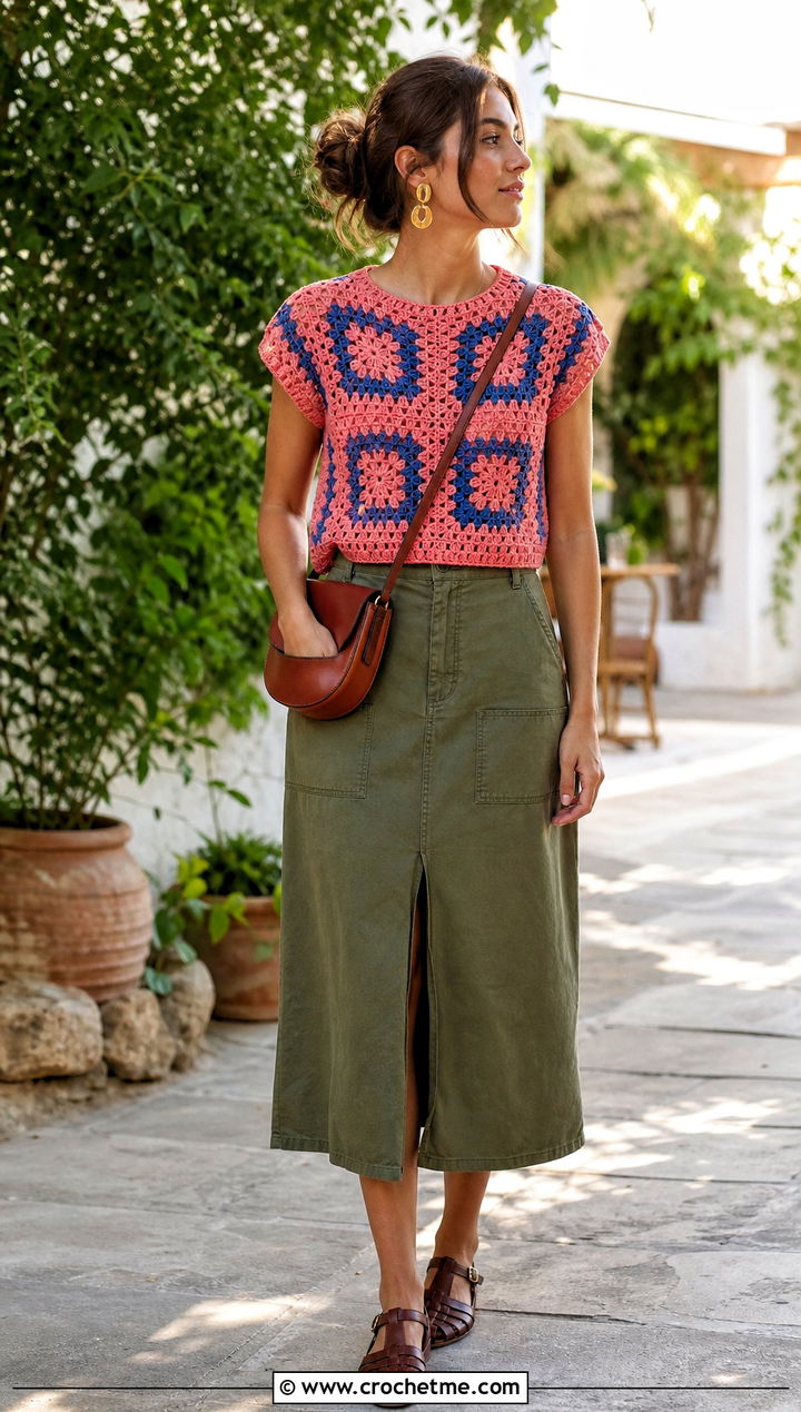 Cap Sleeve Mosaic Crochet Sweater With Utility Skirt - 25 Mosaic Crochet Sweater outfit ideas