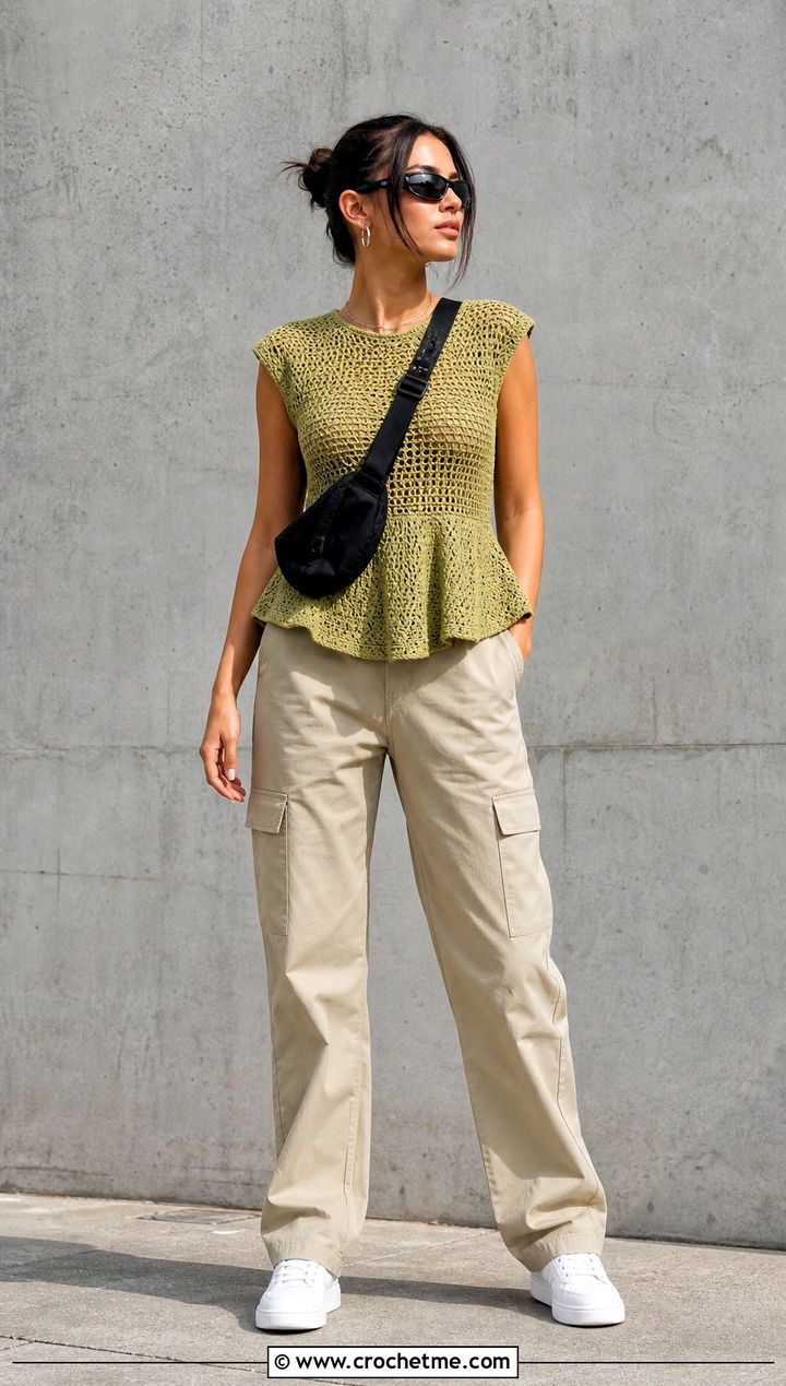 Cap Sleeve Peplum Crochet Top With Cargo Pants - 35 peplum crochet top outfit ideas
