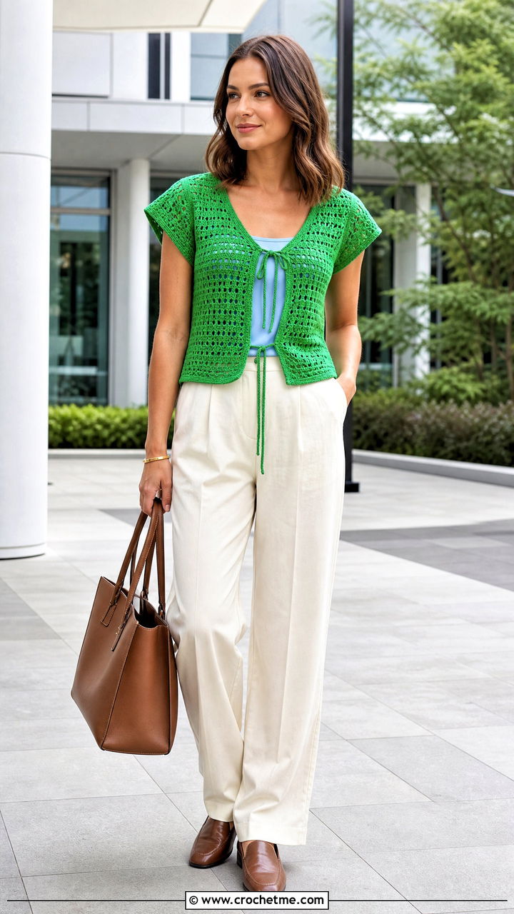 Cap Sleeve Tie Crochet Vest With Relaxed Trousers - 35 crochet tie vest outfit ideas