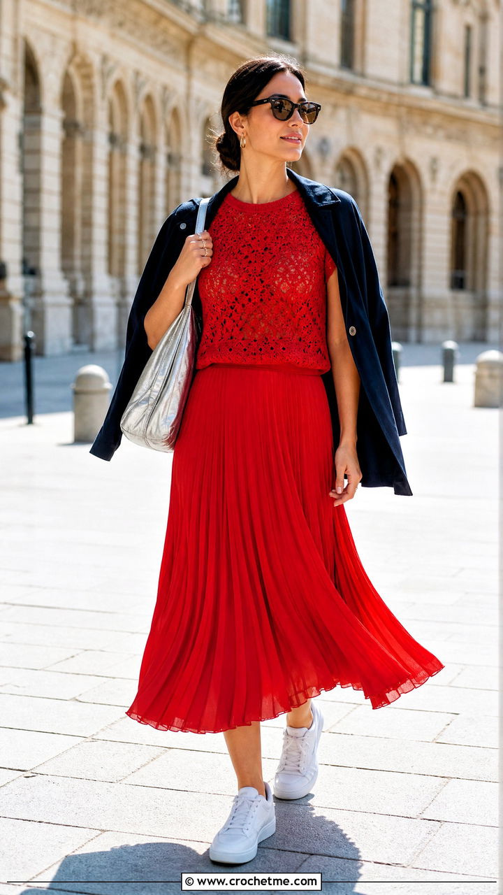 Cap Sleeve Top And Pleated Midi Skirt Set With Sneakers - 35 crochet skirt and top set outfit ideas