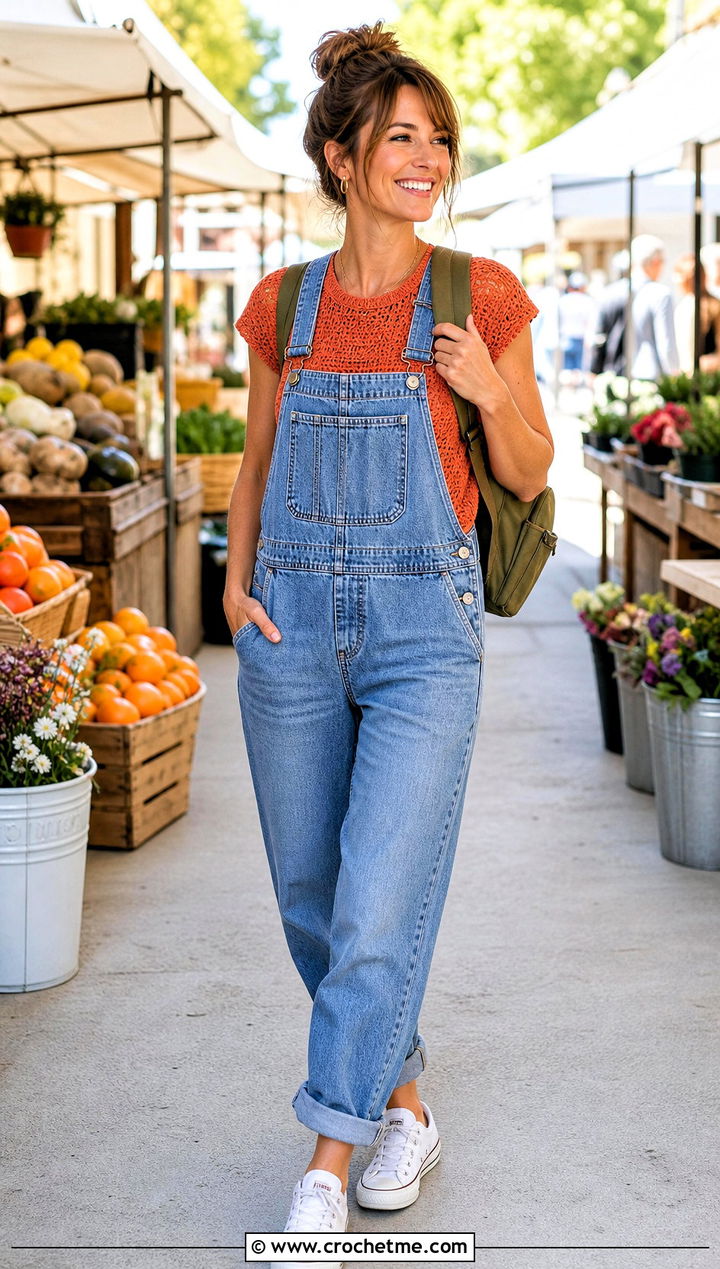 Cap Sleeve Tunisian Crochet Top With Denim Overalls - 30 tunisian crochet top outfit ideas