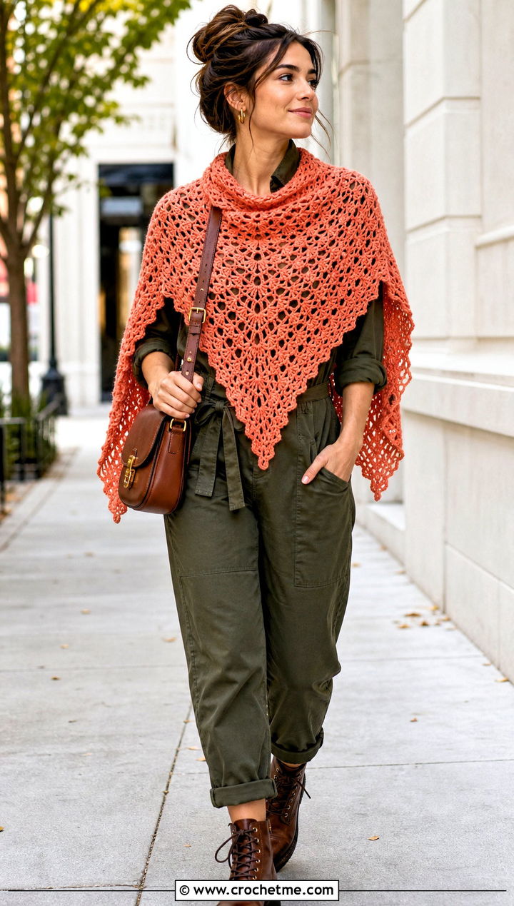 Cape Back Highlander Shawl With Utility Jumpsuit - 20 Crochet Highlander Shawl outfit ideas