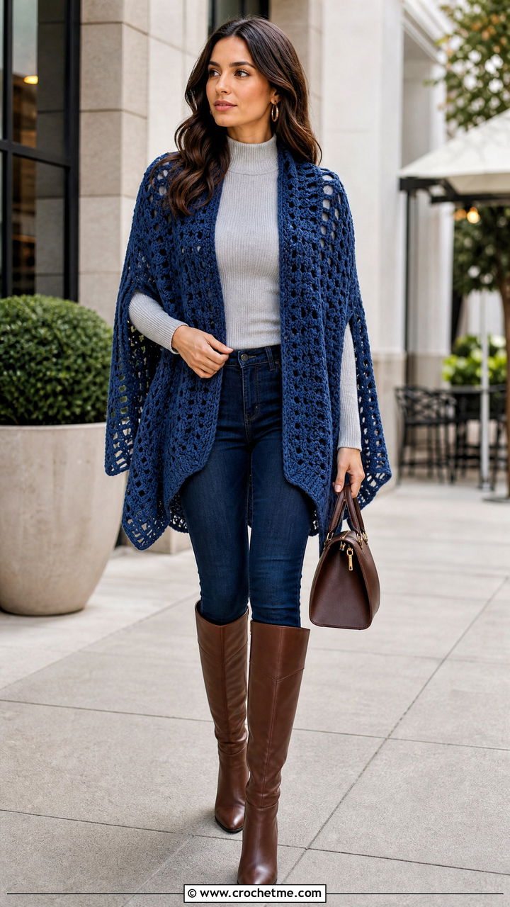 Cape Boho Crochet Cardigan With Slim Jeans - 35 Boho Crochet Cardigan outfit ideas