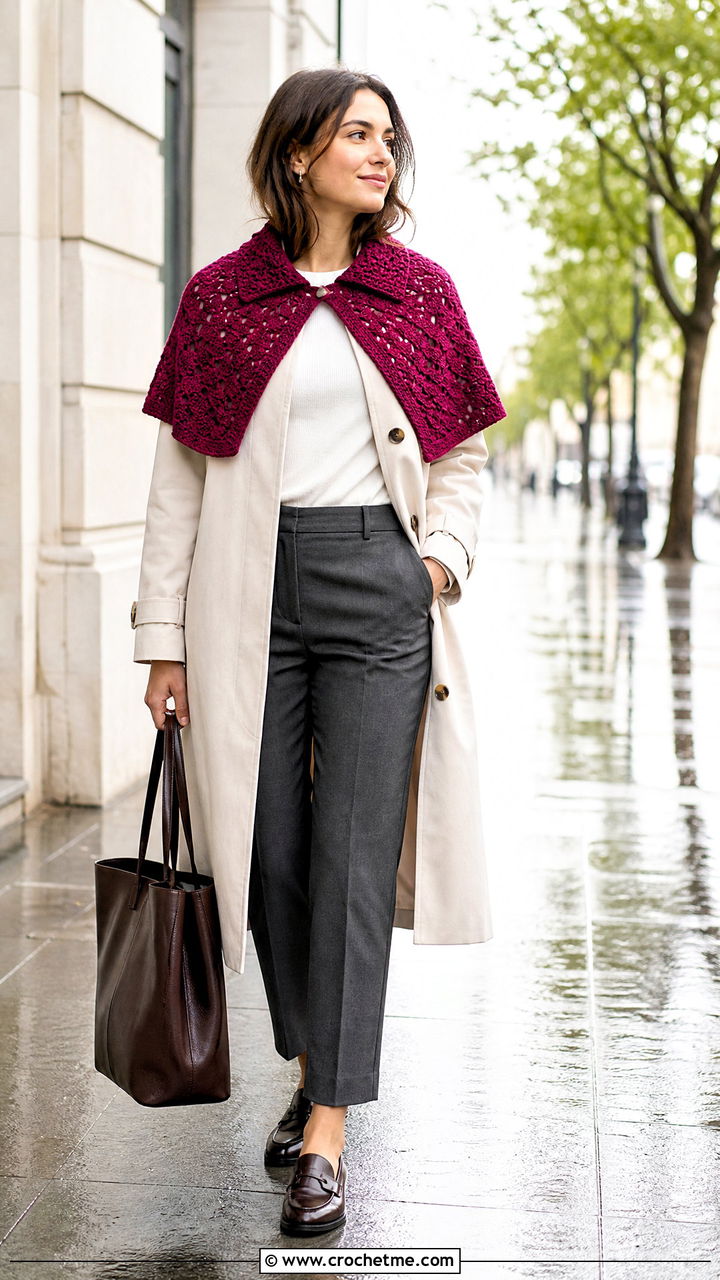 Cape Collar Crochet Capelet With Trench Coat - 35 crochet capelet outfit ideas
