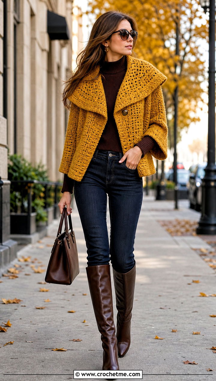 Cape Collar Crochet Jacket With Slim Jeans - 25 Crochet Jacket With Collar outfit ideas