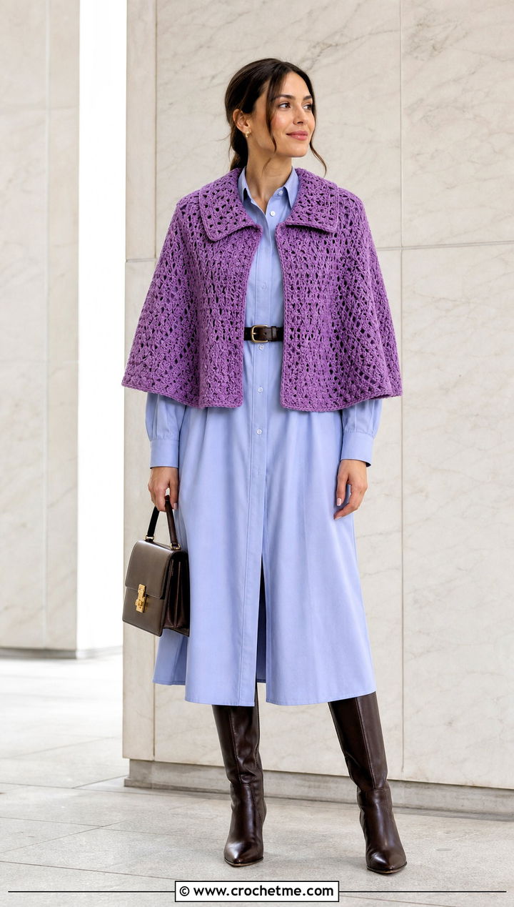 Cape Collar Crochet Poncho With Shirt Dress - 25 Crochet Poncho With Collar outfit ideas
