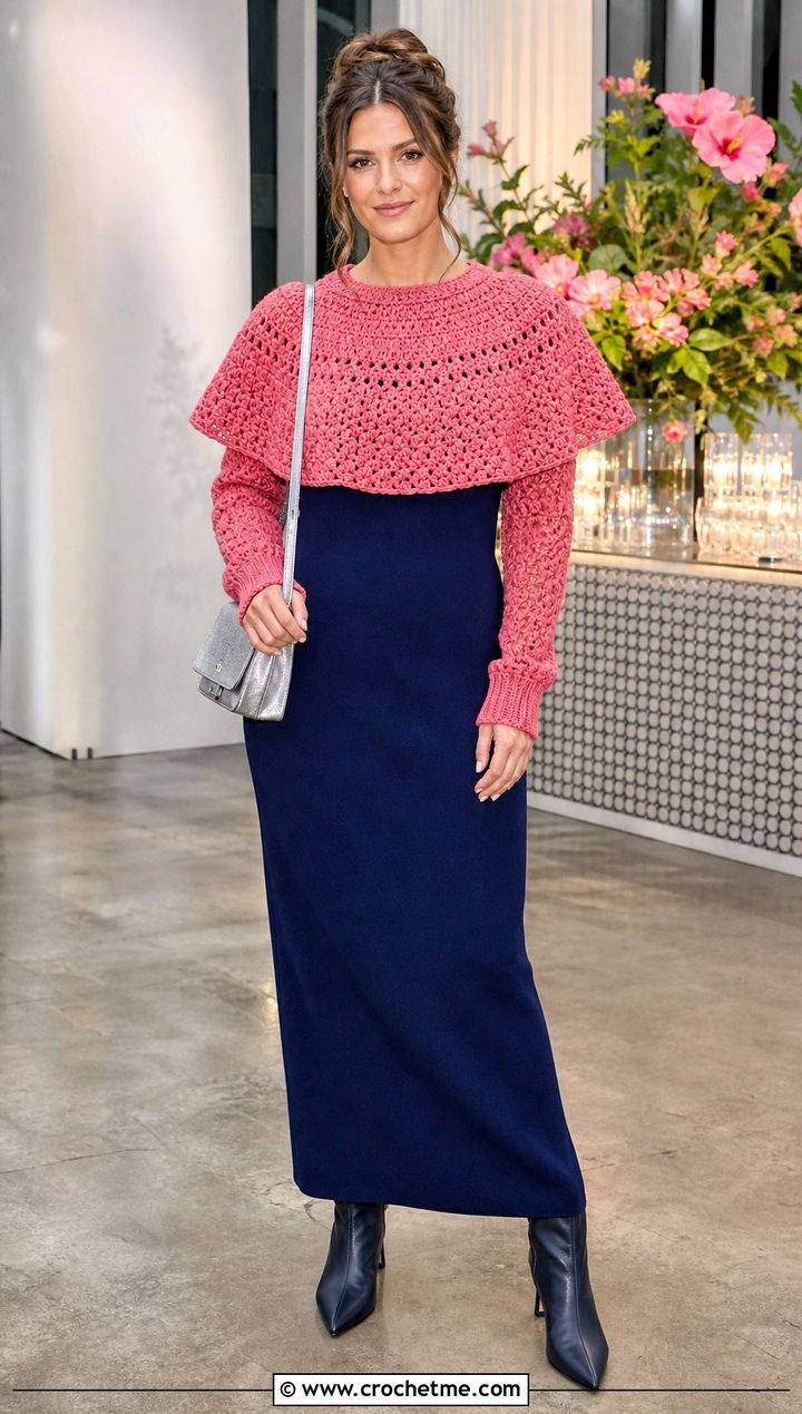 Cape Collar Crochet Sweater Over Maxi Dress - 35 crochet sweater with collar outfit ideas