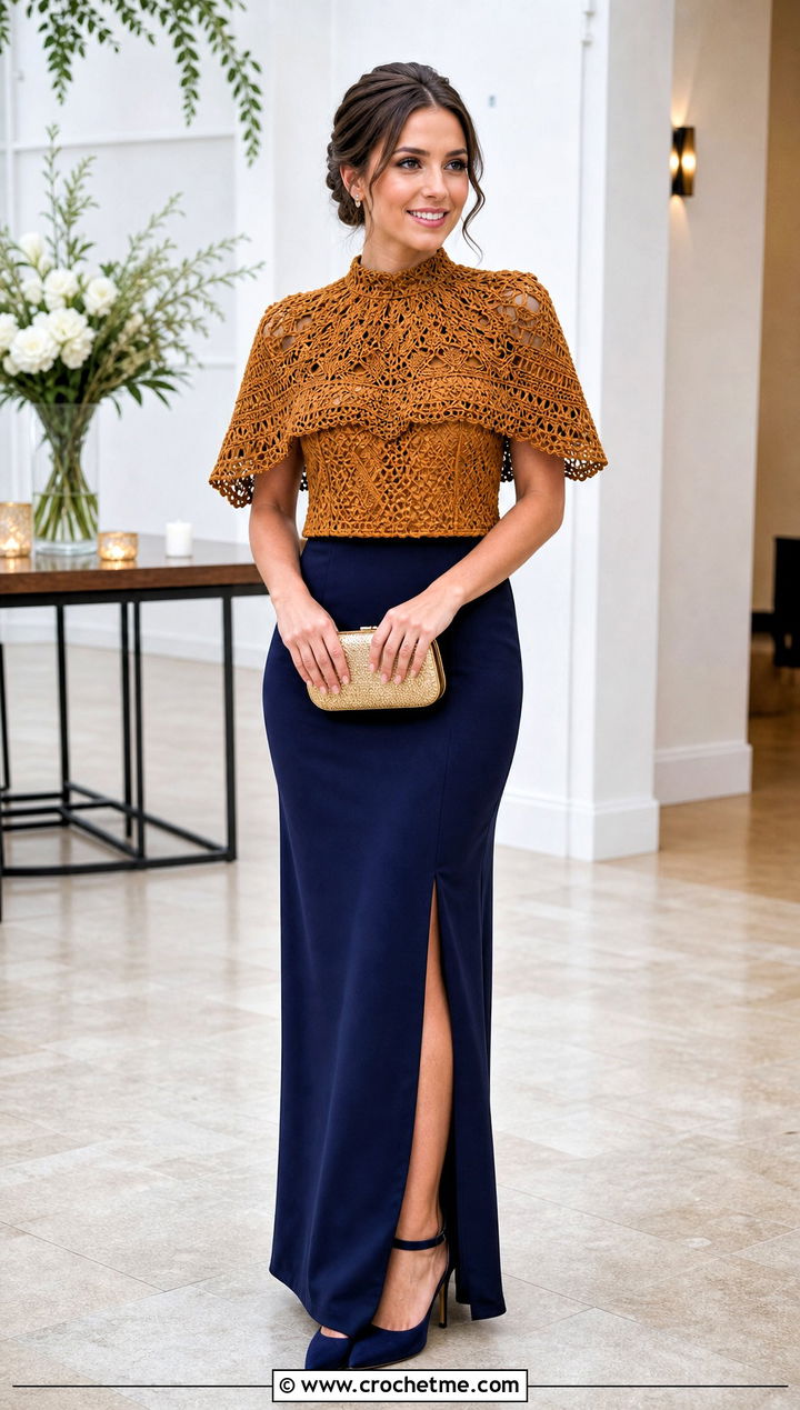 Cape Collar Crochet Top With Column Skirt - 25 Crochet Collar Top outfit ideas