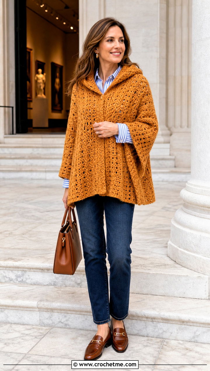 Cape Crochet Blanket Hoodie With Dark Wash Jeans - 30 crochet blanket hoodie outfit ideas