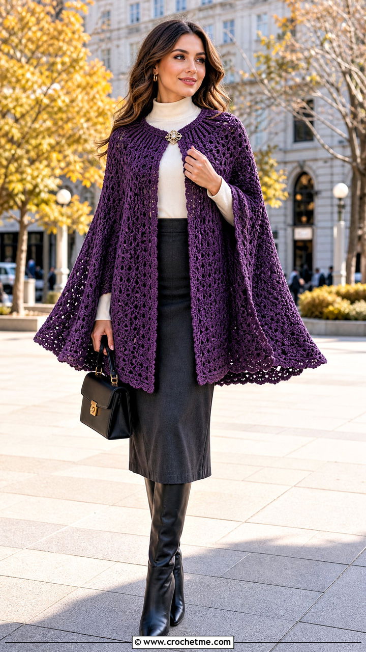 Cape Crochet Cardigan With Knee High Boots - 35 crochet cardigans for women outfit ideas
