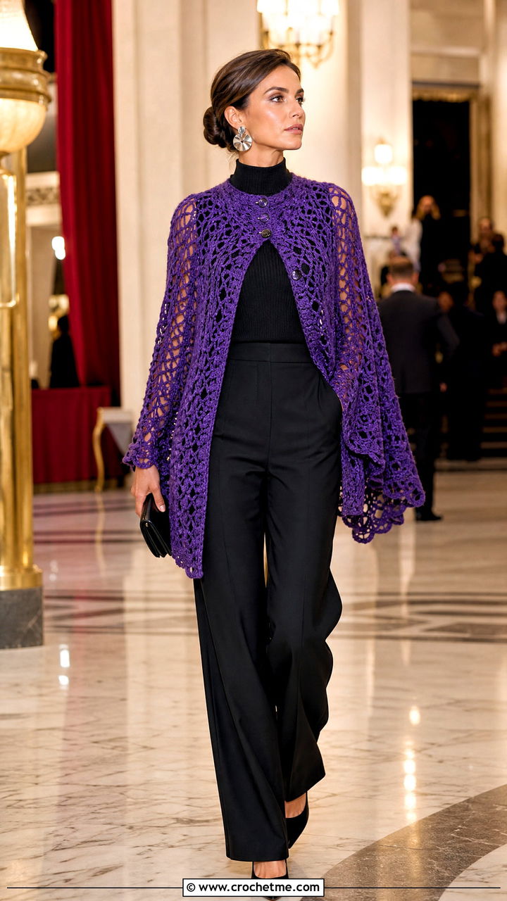 Cape Crochet Fall Cardigan With Evening Trousers - 35 crochet fall cardigan outfit ideas