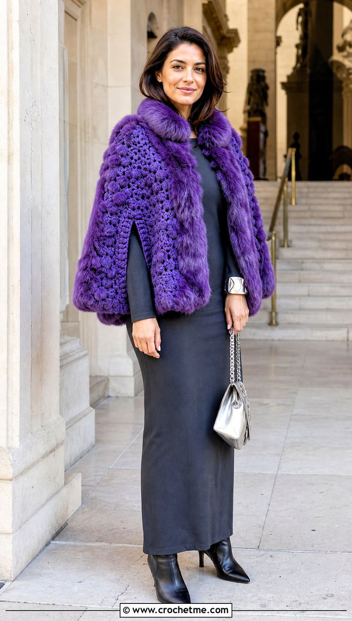 Cape Crochet Fur Jacket With Maxi Dress - 30 crochet fur jacket outfit ideas