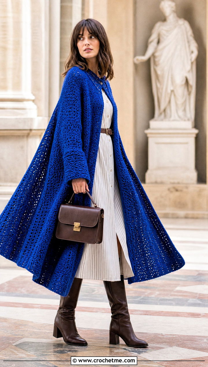 Cape Crochet Shawl With Sleeves And Belted Shirt Dress - 35 crochet shawl with sleeves outfit ideas