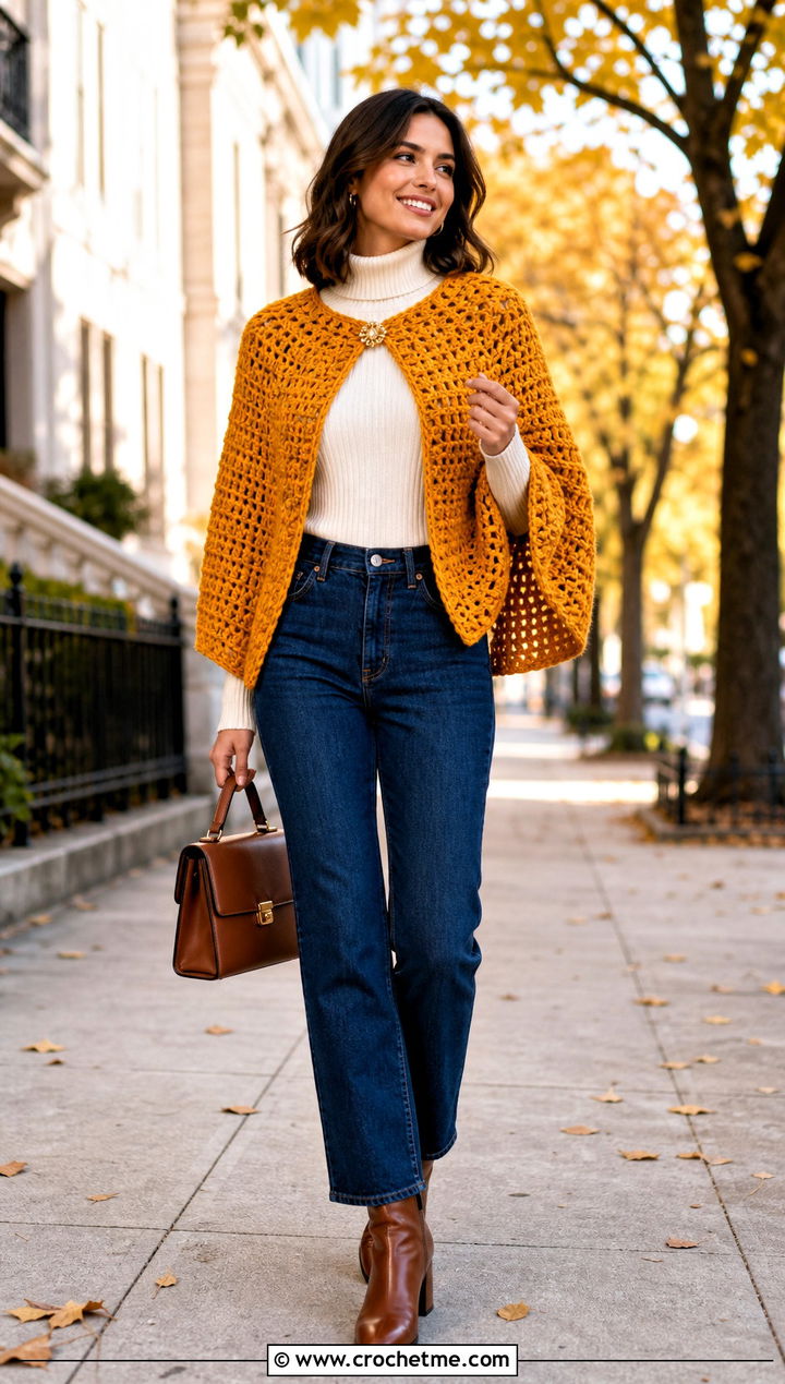 Cape Crochet Shrug With Turtleneck And Jeans - 30 crochet shrug for women outfit ideas