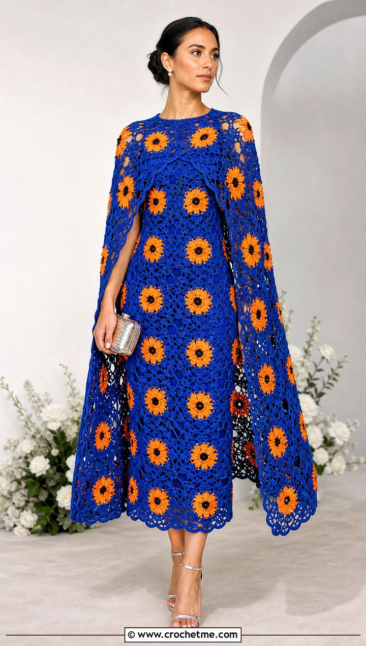 Cape Crochet Sunflower Midi Dress With Metallic Sandals - 35 crochet sunflower dress outfit ideas