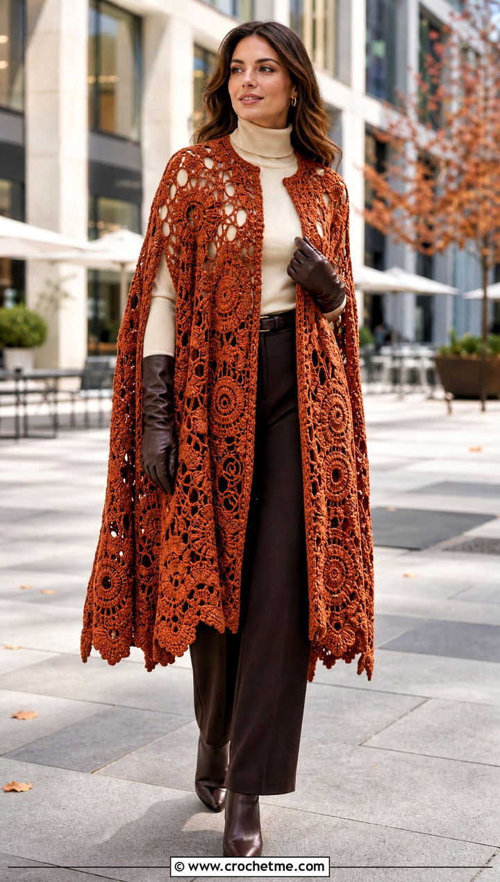 Cape Irish Crochet Cardigan With Turtleneck And Trousers - 25 Irish Crochet Cardigan outfit ideas