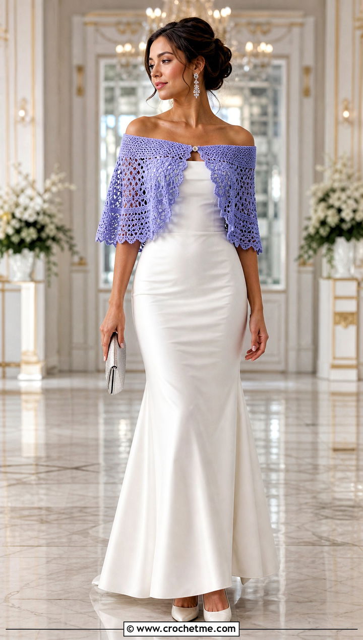 Cape Shrug Crochet Capelet With Off Shoulder Gown - 25 Crochet Wedding Cape outfit ideas