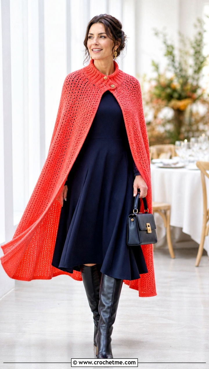 Cape Sleeve Blanket Sweater With Midi Dress - 30 crochet blanket sweater outfit ideas