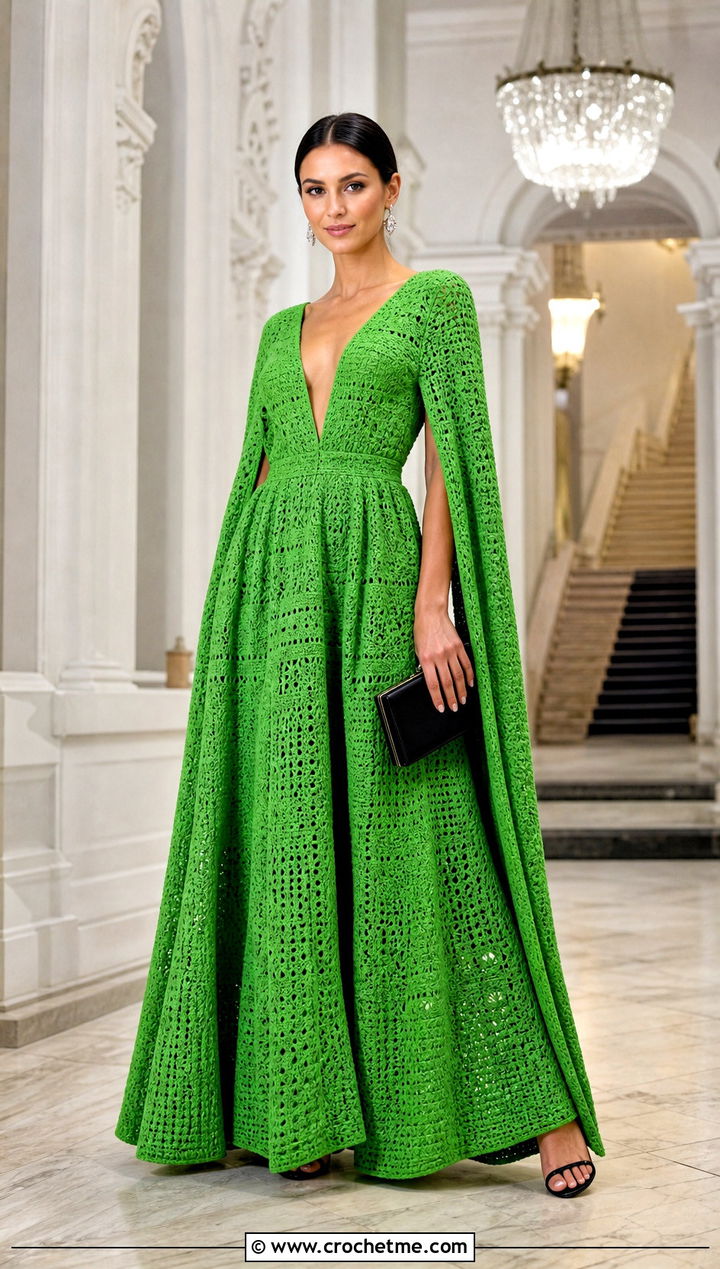 Cape Sleeve Crochet Ball Gown With Structured Clutch - 20 Crochet Ball Gown outfit ideas