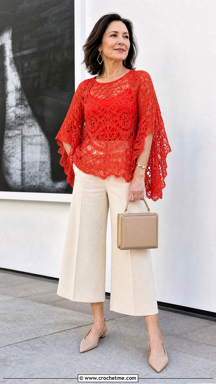 Cape Sleeve Crochet Blouse With Tailored Culottes - 35 crochet summer blouse outfit ideas