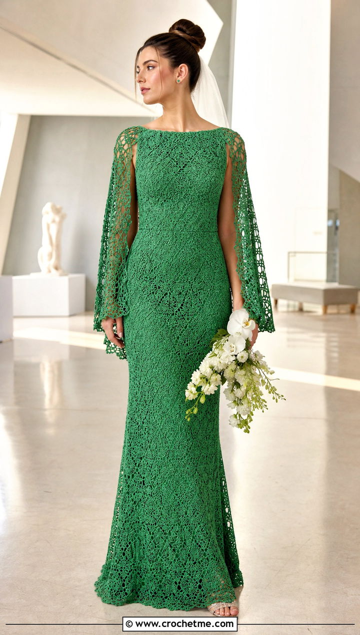 Cape Sleeve Crochet Bridal Gown With Crystal Heels - 15 Handmade Crochet Bridal Gown outfit ideas