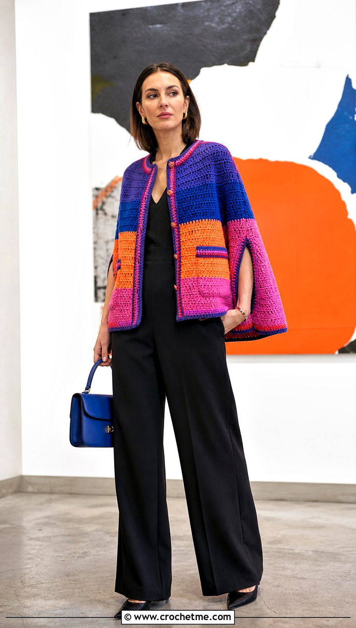Cape Sleeve Crochet Chanel Jacket With Jumpsuit - 30 crochet chanel jacket outfit ideas
