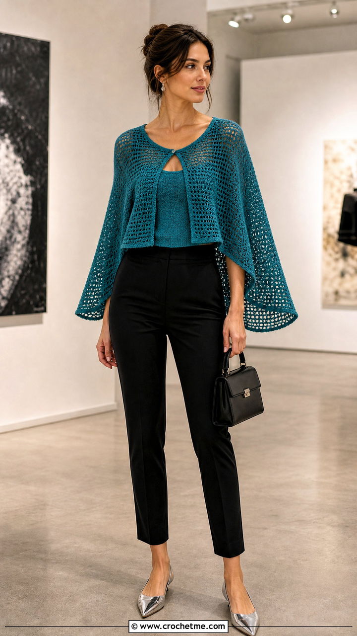 Cape Sleeve Crochet Cropped Sweater With Cigarette Pants - 35 crochet cropped sweater outfit ideas