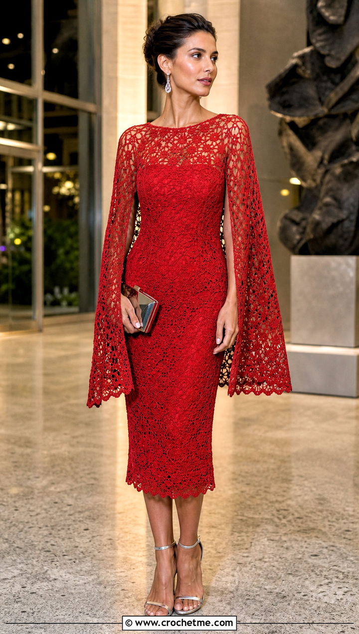 Cape Sleeve Crochet Dress With Metallic Heels - 25 crochet 60s dress outfit ideas
