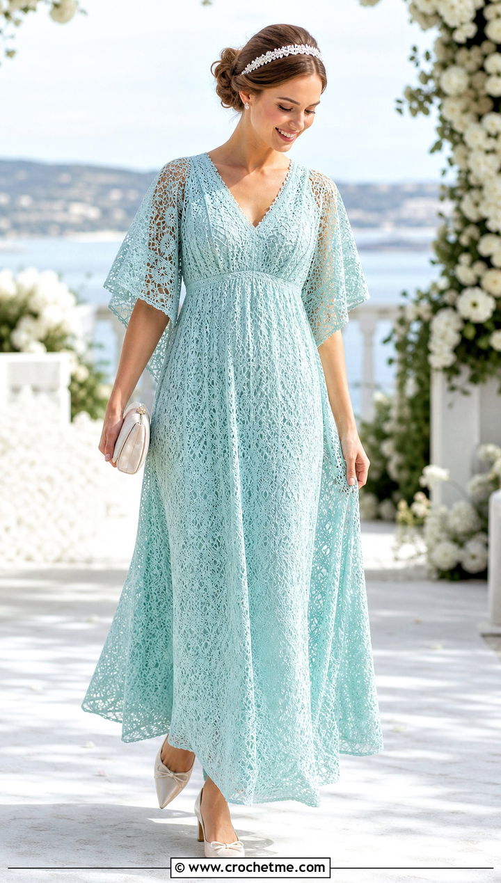 Cape Sleeve Crochet Empire Bridal Dress With Ballet Flats - 30 crochet bridal dress outfit ideas