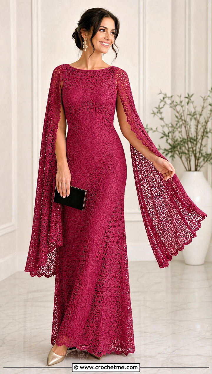 Cape Sleeve Crochet Gown Dress With Pointed Pumps - 25 Crochet Gown Dress outfit ideas