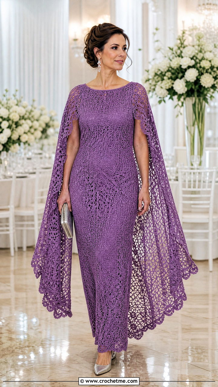 Cape Sleeve Crochet Gown With Crystal Earrings - 35 crochet formal dress outfit ideas