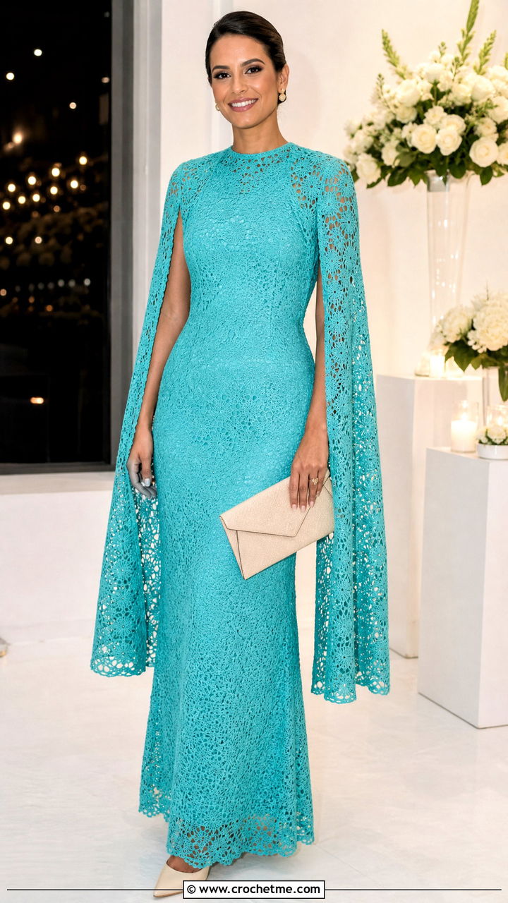 Cape Sleeve Crochet Gown With Pointed Pumps - 35 crochet gown outfit ideas