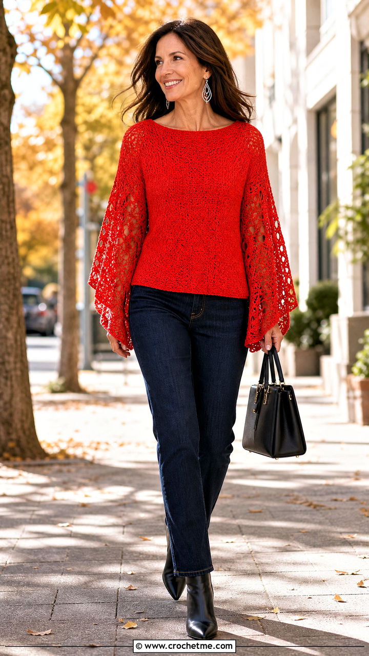 Cape Sleeve Crochet Jumper With Slim Jeans - 35 crochet jumper outfit ideas