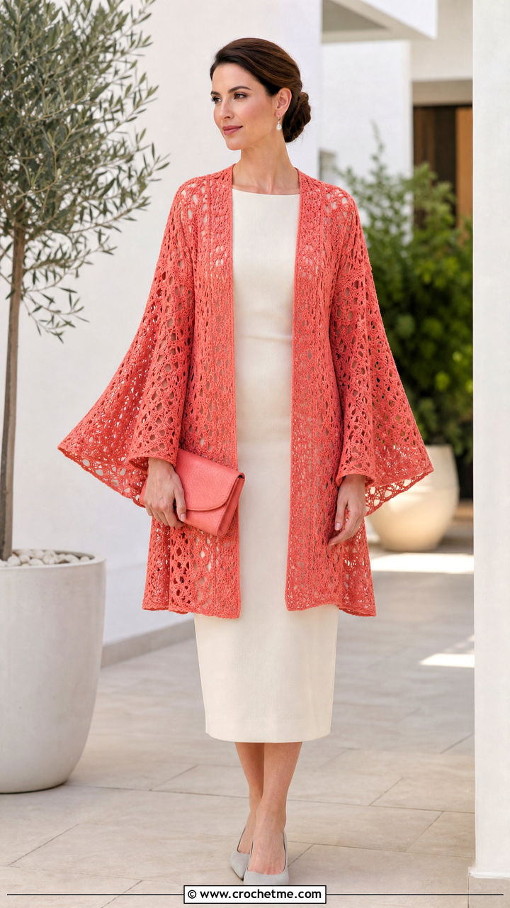Cape Sleeve Crochet Kimono With Straight Midi Dress - 35 crochet kimono outfit ideas