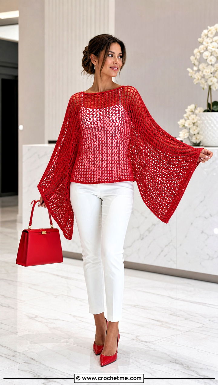Cape Sleeve Crochet Mesh Sweater With Slim Trousers - 35 oversized crochet mesh sweater outfit ideas