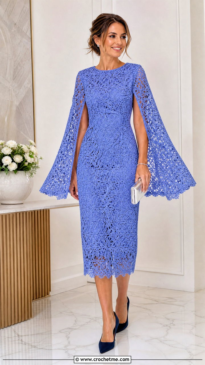 Cape Sleeve Crochet Midi Party Dress With Pumps - 35 crochet party dress outfit ideas