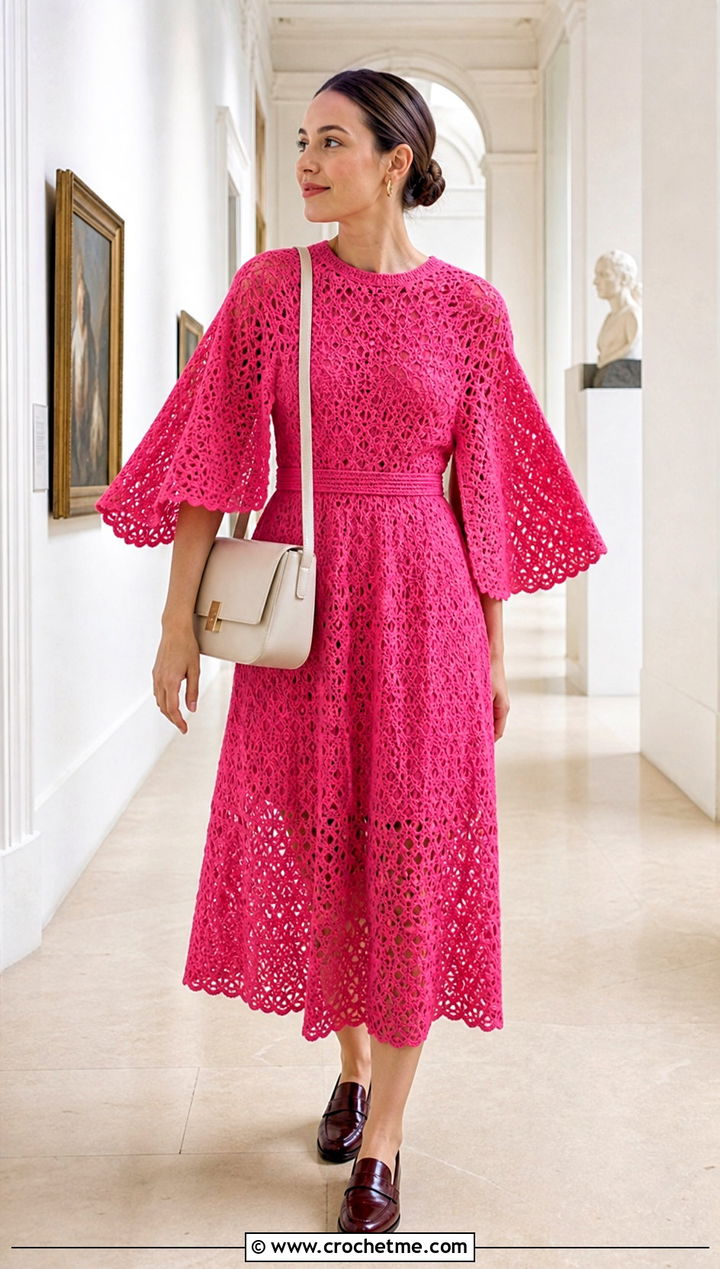 Cape Sleeve Crochet Tea Dress With Loafers - 20 1930S Crochet Dress outfit ideas