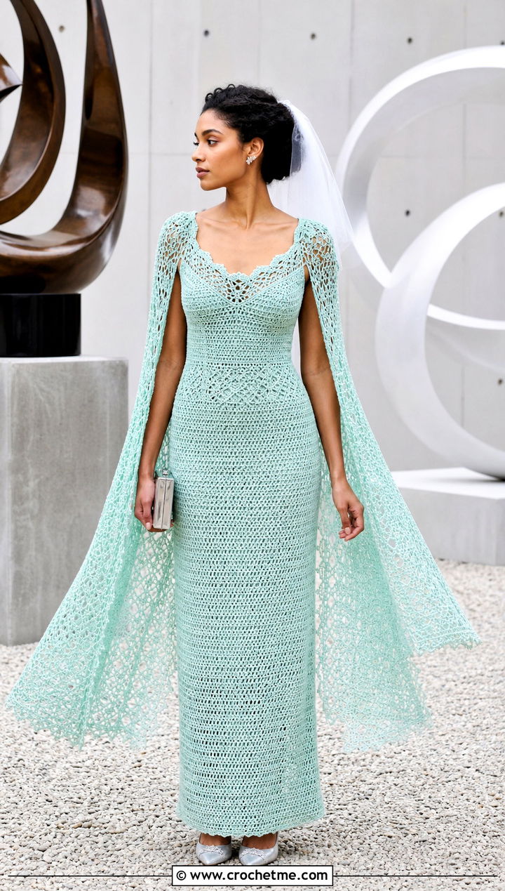 Cape Sleeve Crochet Wedding Gown With Metallic Flats - 30 crochet wedding dress gowns outfit ideas